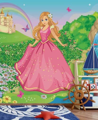 princesa en vestido rosa con papel pintado de castillo