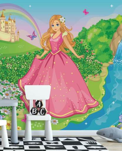 princess in pink dress with castle wallpaper