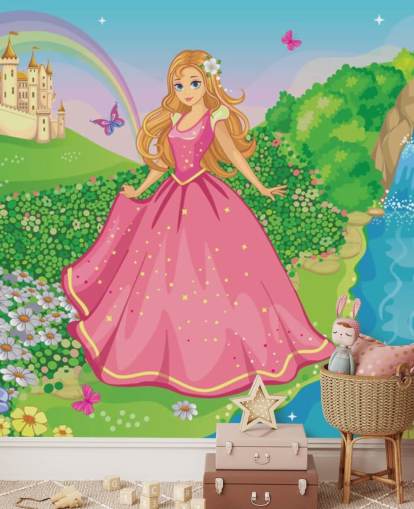 prinsessa vaaleanpunaisessa mekossa linnan taustakuvalla