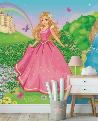 prinsesse i rosa kjole med slott tapet