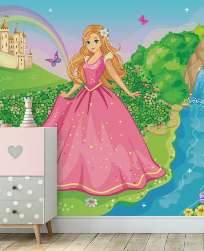 princesa em vestido rosa com papel de parede de castelo