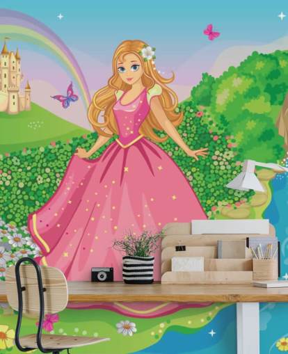 princesa en vestido rosa con papel pintado de castillo princesa en vestido rosa con papel pintado de castillo