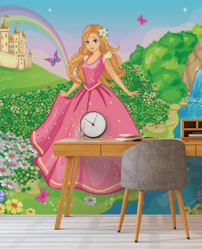 princesa en vestido rosa con papel pintado de castillo princesa en vestido rosa con papel pintado de castillo