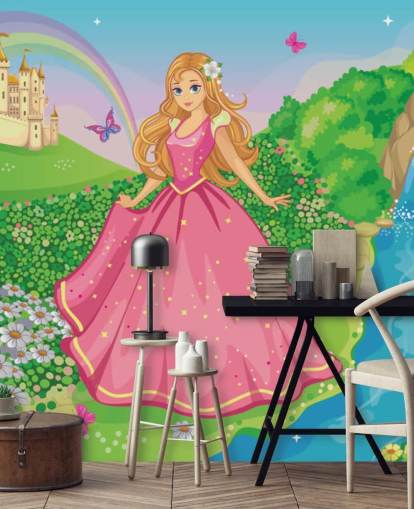 princess in pink dress with castle wallpaper