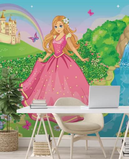 princess in pink dress with castle wallpaper