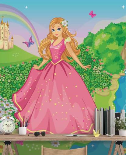 princess in pink dress with castle wallpaper