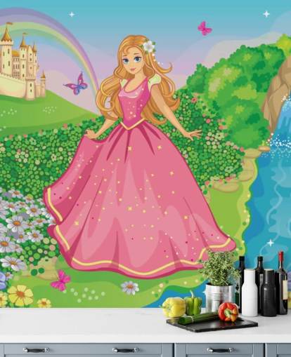 princesa en vestido rosa con papel pintado de castillo princesa en vestido rosa con papel pintado de castillo
