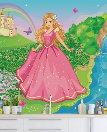 princesa en vestido rosa con papel pintado de castillo