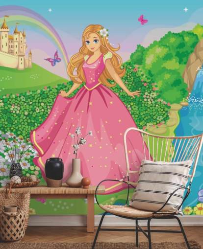 princesa en vestido rosa con papel pintado de castillo princesa en vestido rosa con papel pintado de castillo