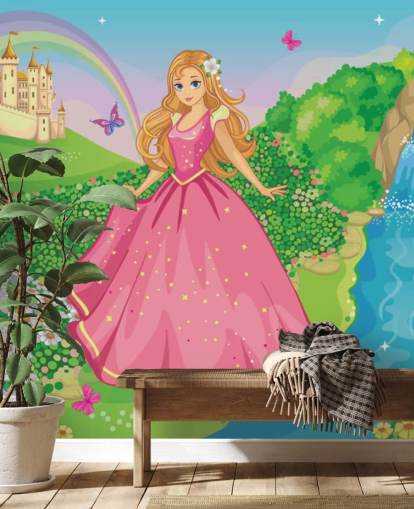 prinses in roze jurk met kasteelbehang prinses in roze jurk met kasteelbehang