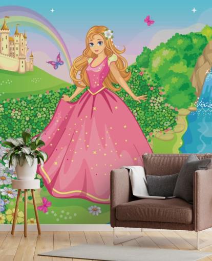 princesa en vestido rosa con papel pintado de castillo