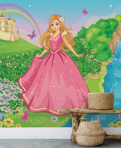 princesa en vestido rosa con papel pintado de castillo