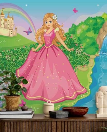 princess in pink dress with castle wallpaper