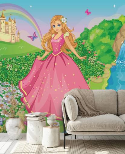 princess in pink dress with castle wallpaper