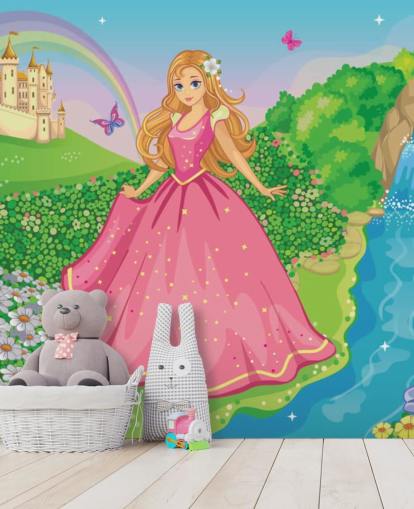 princess in pink dress with castle wallpaper
