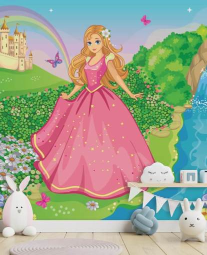 princess in pink dress with castle wallpaper
