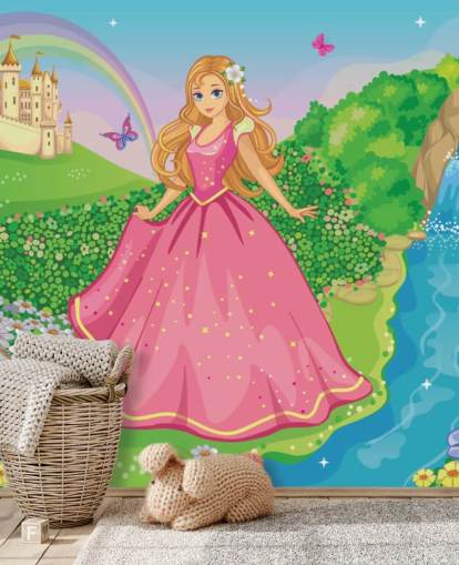 princesse en robe rose avec papier peint du château