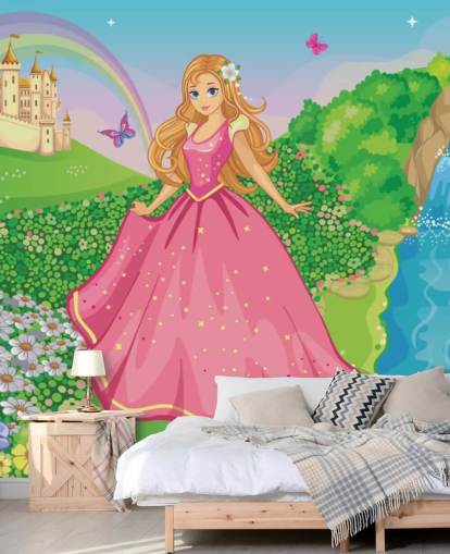 prinsessa i rosa klänning med slott tapet