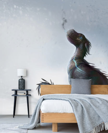 smiling baby dragon sat on snow with blue streaked scales puffing out smoke wallpaper