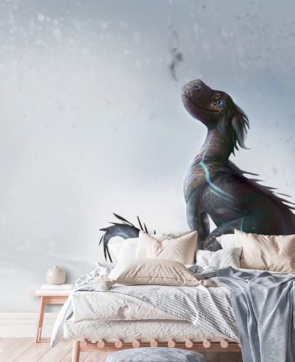 smiling baby dragon sat on snow with blue streaked scales puffing out smoke wallpaper