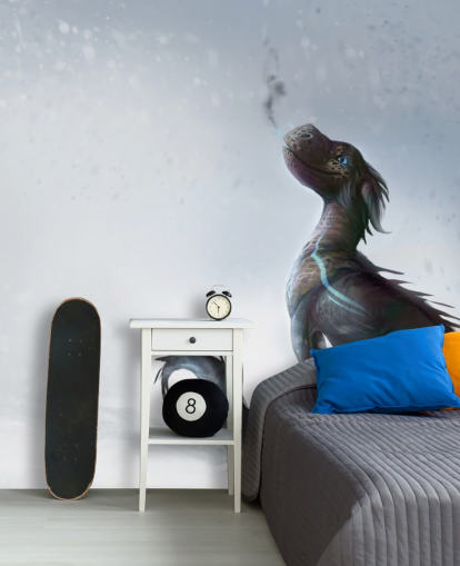 smiling baby dragon sat on snow with blue streaked scales puffing out smoke wallpaper