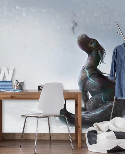 bébé dragon souriant assis sur la neige avec des écailles striées bleues soufflant du papier peint de fumée bébé dragon souriant assis sur la neige avec des écailles striées bleues soufflant du papier peint de fumée