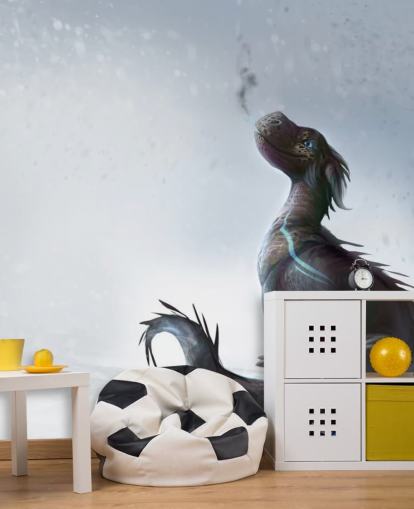 smiling baby dragon sat on snow with blue streaked scales puffing out smoke wallpaper