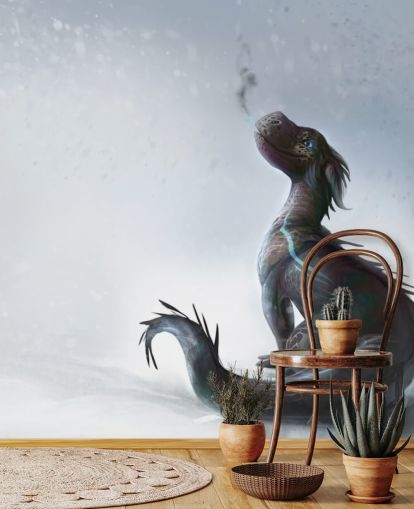 smiling baby dragon sat on snow with blue streaked scales puffing out smoke wallpaper