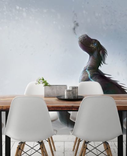 smiling baby dragon sat on snow with blue streaked scales puffing out smoke wallpaper