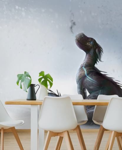 smiling baby dragon sat on snow with blue streaked scales puffing out smoke wallpaper