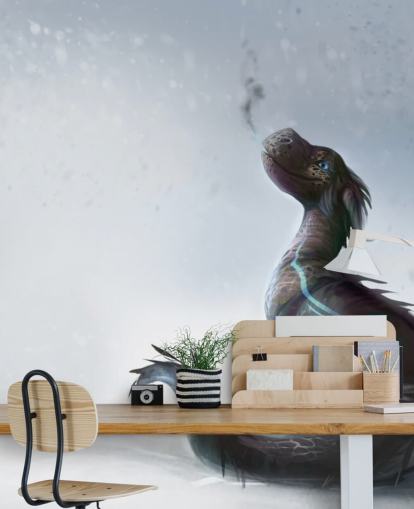 smiling baby dragon sat on snow with blue streaked scales puffing out smoke wallpaper