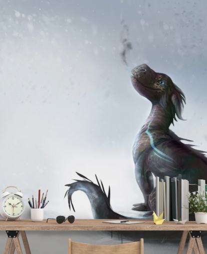 bébé dragon souriant assis sur la neige avec des écailles striées bleues soufflant du papier peint de fumée