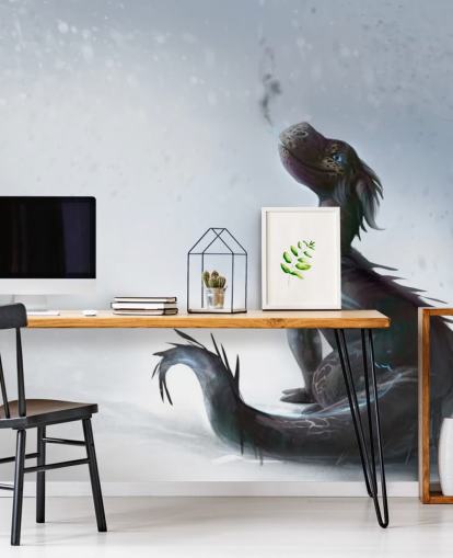 smiling baby dragon sat on snow with blue streaked scales puffing out smoke wallpaper