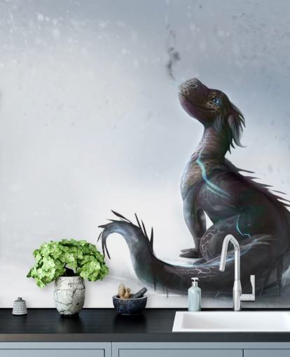 dragón bebé sonriente sentado en la nieve con escamas azules rayadas soplando papel tapiz de humo