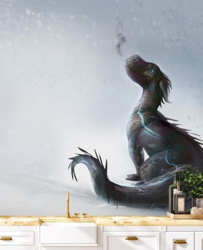 smiling baby dragon sat on snow with blue streaked scales puffing out smoke wallpaper