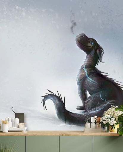 smiling baby dragon sat on snow with blue streaked scales puffing out smoke wallpaper