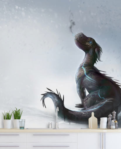 dragón bebé sonriente sentado en la nieve con escamas azules rayadas soplando papel tapiz de humo