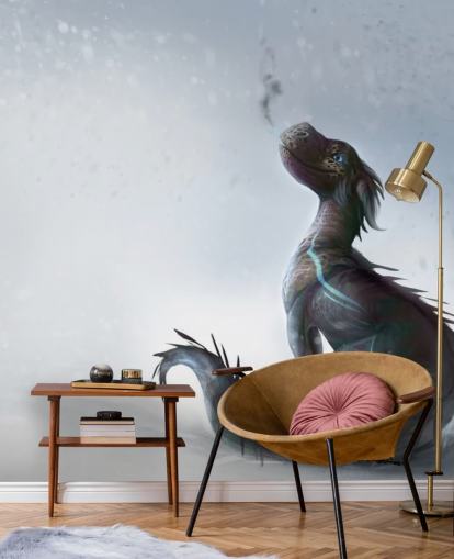 smiling baby dragon sat on snow with blue streaked scales puffing out smoke wallpaper