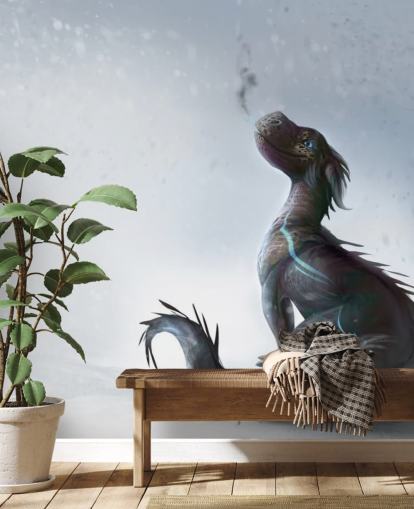 dragón bebé sonriente sentado en la nieve con escamas azules rayadas soplando papel tapiz de humo