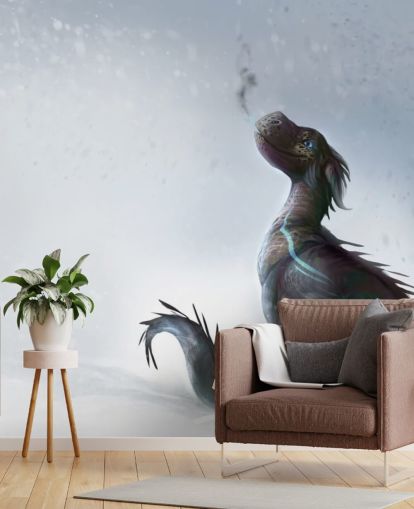 hymyilevä vauva lohikäärme istui lumessa sininen raidallinen vaa'at puffing ulos savua tapetti