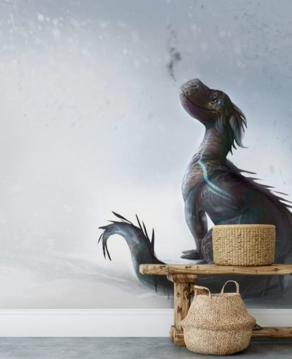 smilende baby dragon sad på sne med blå stribede skalaer puster ud røg tapet