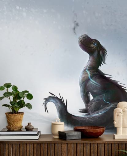 smiling baby dragon sat on snow with blue streaked scales puffing out smoke wallpaper