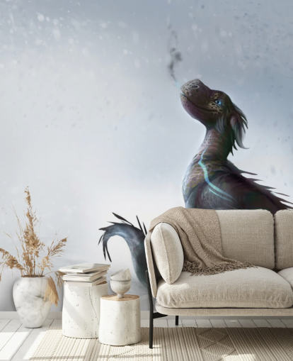 smiling baby dragon sat on snow with blue streaked scales puffing out smoke wallpaper