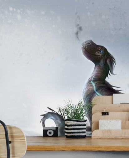 bambino sorridente drago seduto sulla neve con squame striate blu che gonfiano la carta da parati del fumo