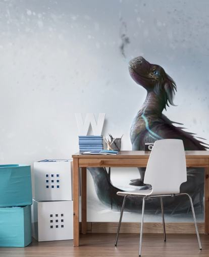 smiling baby dragon sat on snow with blue streaked scales puffing out smoke wallpaper