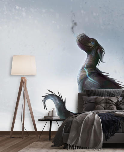 smiling baby dragon sat on snow with blue streaked scales puffing out smoke wallpaper