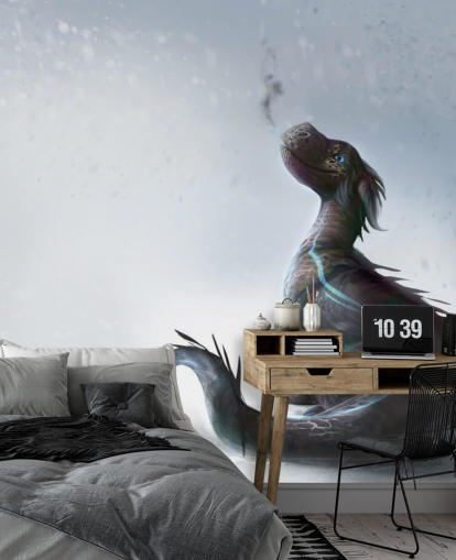 smiling baby dragon sat on snow with blue streaked scales puffing out smoke wallpaper