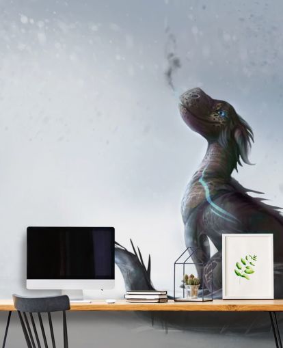 smilende baby dragon sad på sne med blå stribede skalaer puster ud røg tapet