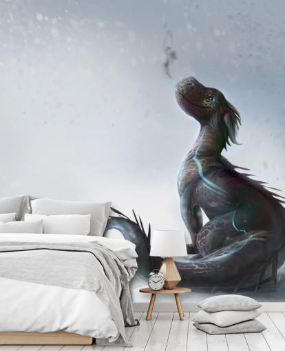 bébé dragon souriant assis sur la neige avec des écailles striées bleues soufflant du papier peint de fumée