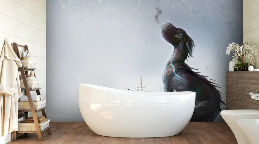 smiling baby dragon sat on snow with blue streaked scales puffing out smoke wallpaper